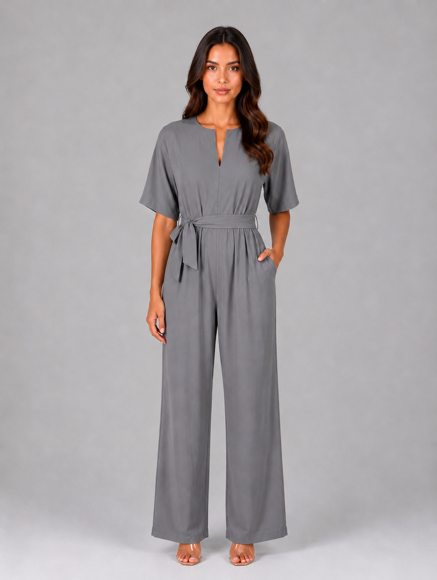 Women's Relaxed Wide Leg Jumpsuit – Tie Waist Casual Outfit — Grey