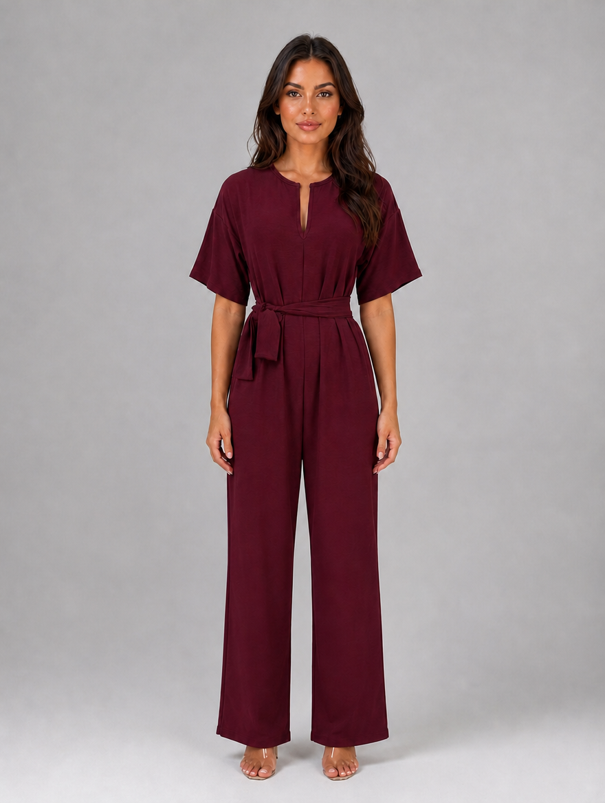 Women's Relaxed Wide Leg Jumpsuit – Tie Waist Casual Outfit — Burgundy