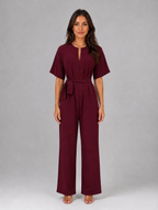 Women's Relaxed Wide Leg Jumpsuit – Tie Waist Casual Outfit — Burgundy