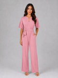 Women's Relaxed Wide Leg Jumpsuit – Tie Waist Casual Outfit — Pink