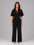 Women's Relaxed Wide Leg Jumpsuit – Tie Waist Casual Outfit — Black