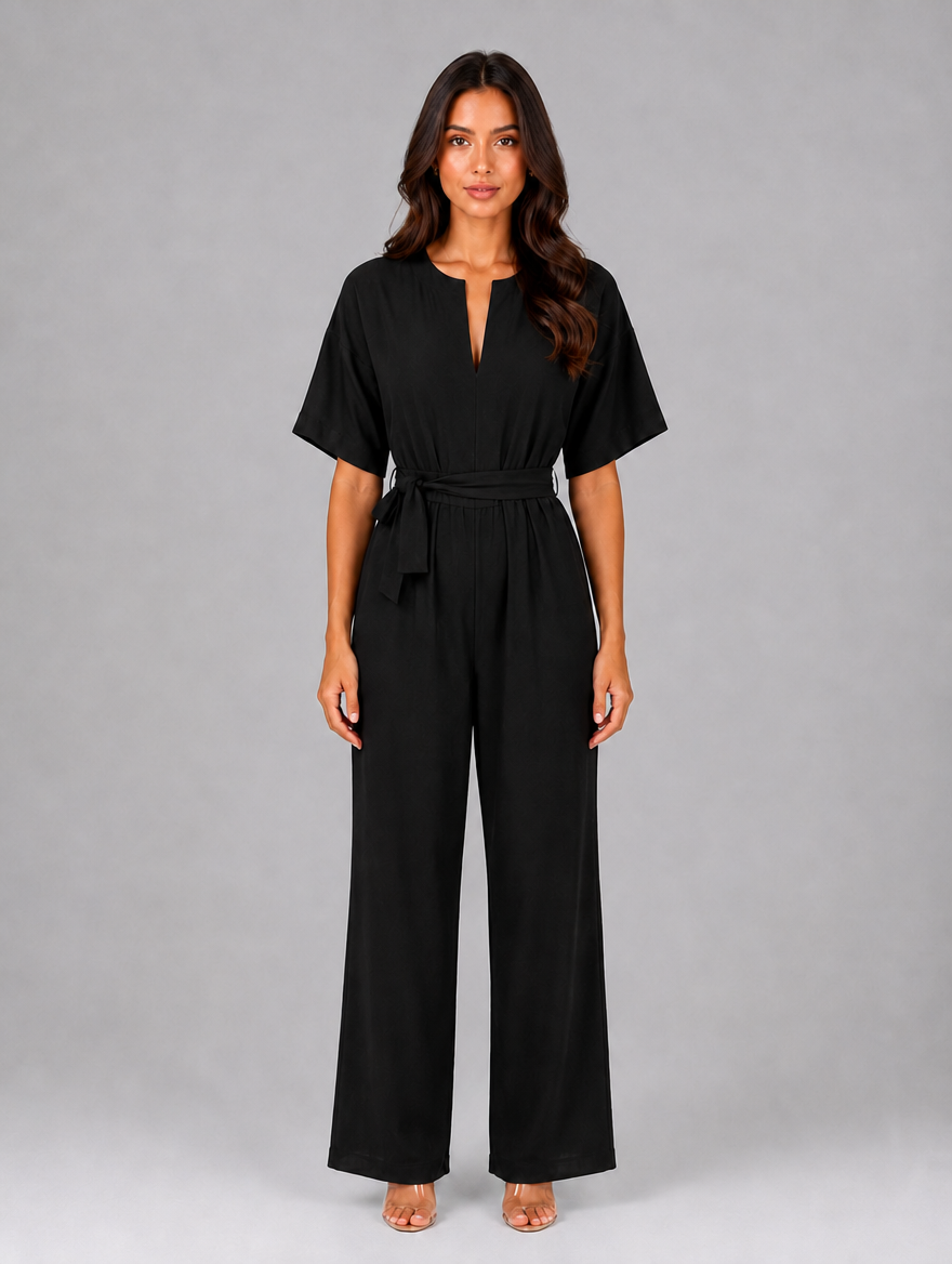 Women's Relaxed Wide Leg Jumpsuit – Tie Waist Casual Outfit — Black