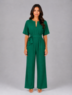 Women's Relaxed Wide Leg Jumpsuit – Tie Waist Casual Outfit — Green