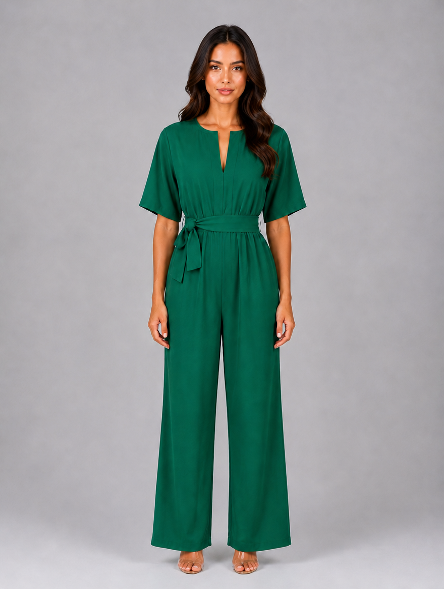 Women's Relaxed Wide Leg Jumpsuit – Tie Waist Casual Outfit — Green