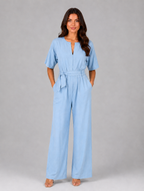 Women's Relaxed Wide Leg Jumpsuit – Tie Waist Casual Outfit — Light Blue