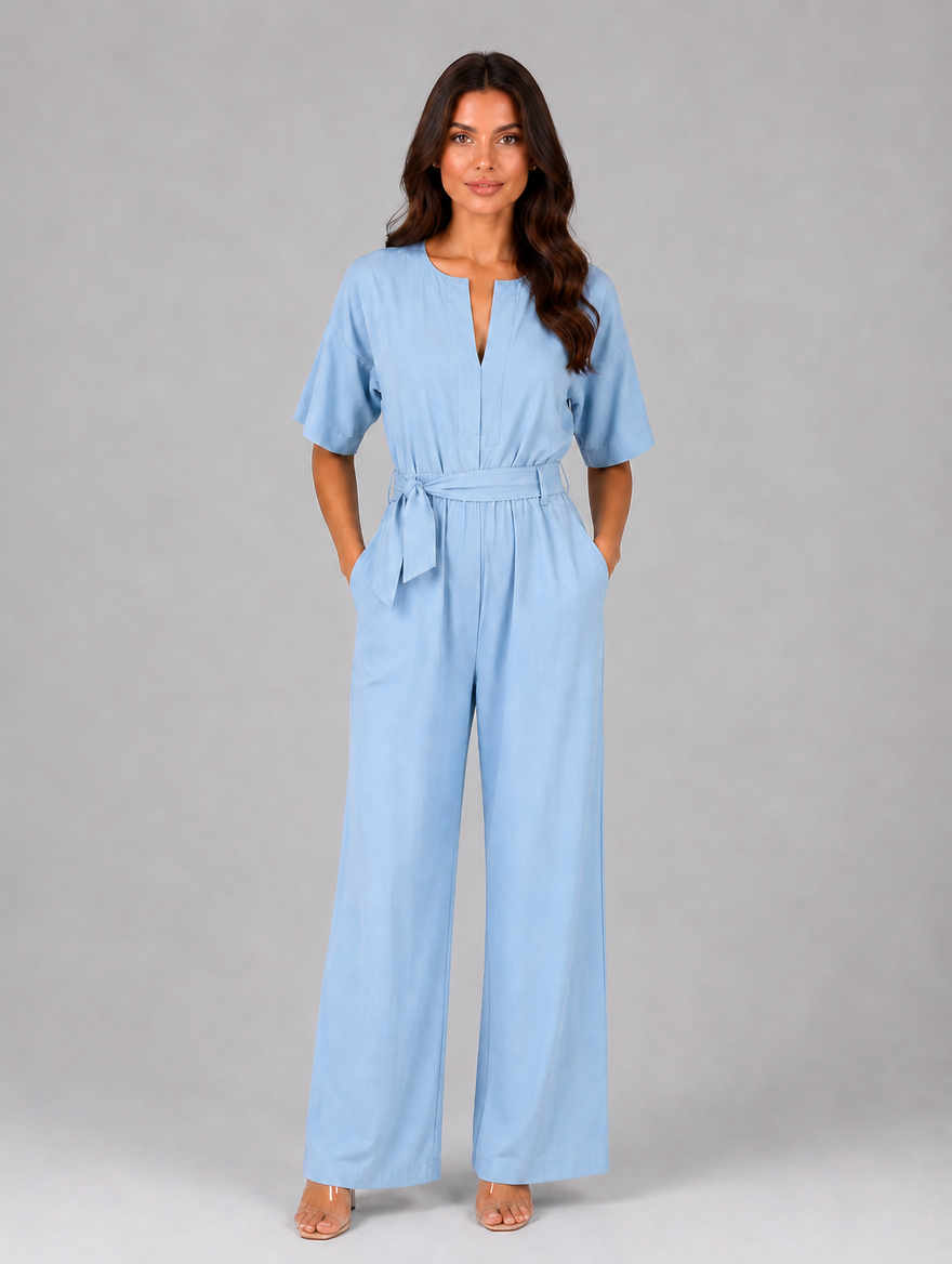 Women's Relaxed Wide Leg Jumpsuit – Tie Waist Casual Outfit — Light Blue