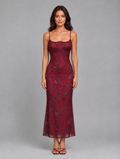 Women's Floral Corset Maxi Dress – Lace-Up Back Gown — Burgundy
