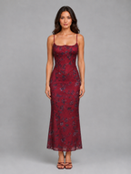Women's Floral Corset Maxi Dress – Lace-Up Back Gown — Burgundy