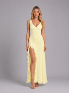 Women's Ruffle Split Maxi Dress – Figure Skimming Fit — Yellow