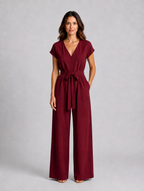 Women's Relaxed Wide Leg Jumpsuit – Tie Waist Summer Style — Burgundy