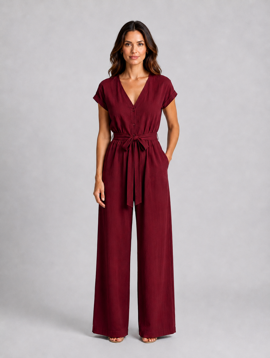 Women's Relaxed Wide Leg Jumpsuit – Tie Waist Summer Style — Burgundy