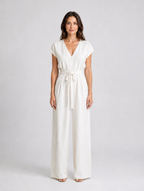 Women's Relaxed Wide Leg Jumpsuit – Tie Waist Summer Style — White