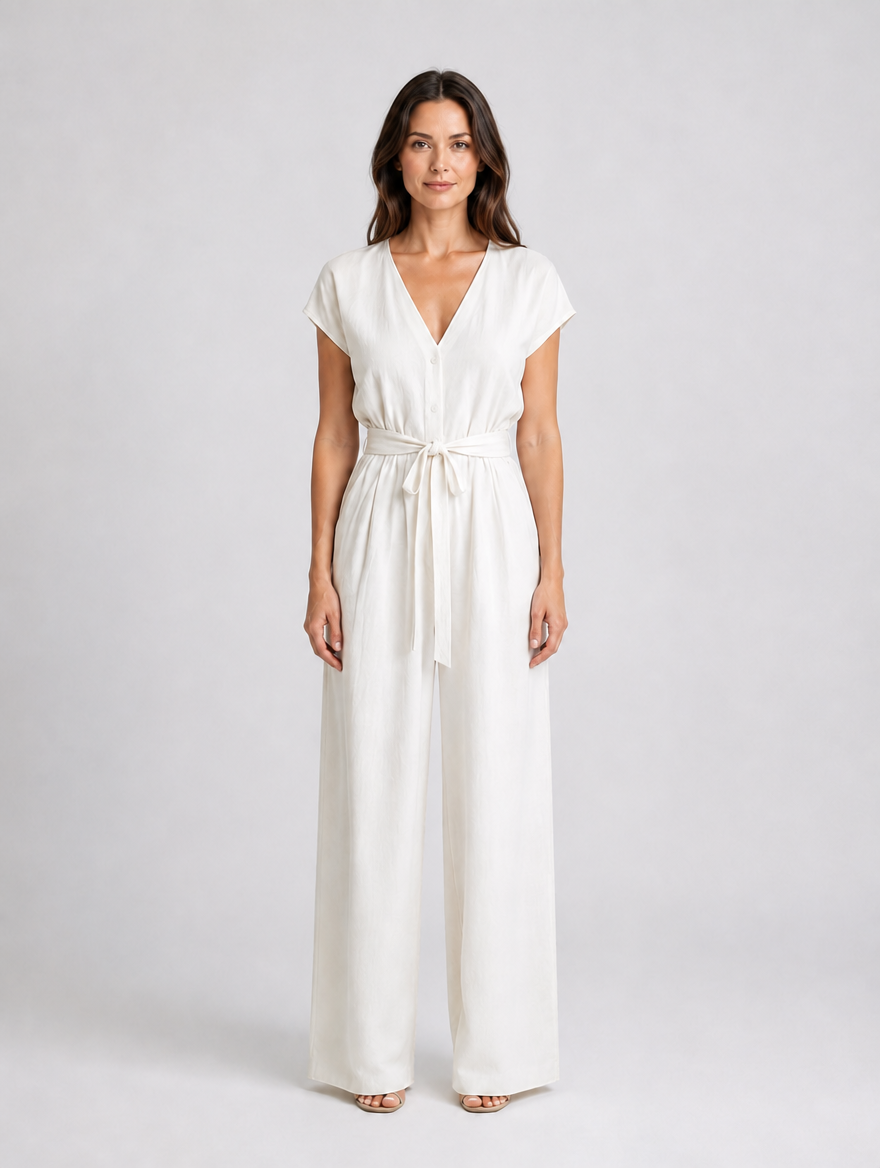 Women's Relaxed Wide Leg Jumpsuit – Tie Waist Summer Style — White