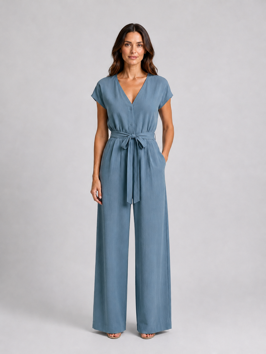 Women's Relaxed Wide Leg Jumpsuit – Tie Waist Summer Style — Blue