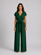 Women's Relaxed Wide Leg Jumpsuit – Tie Waist Summer Style — Green