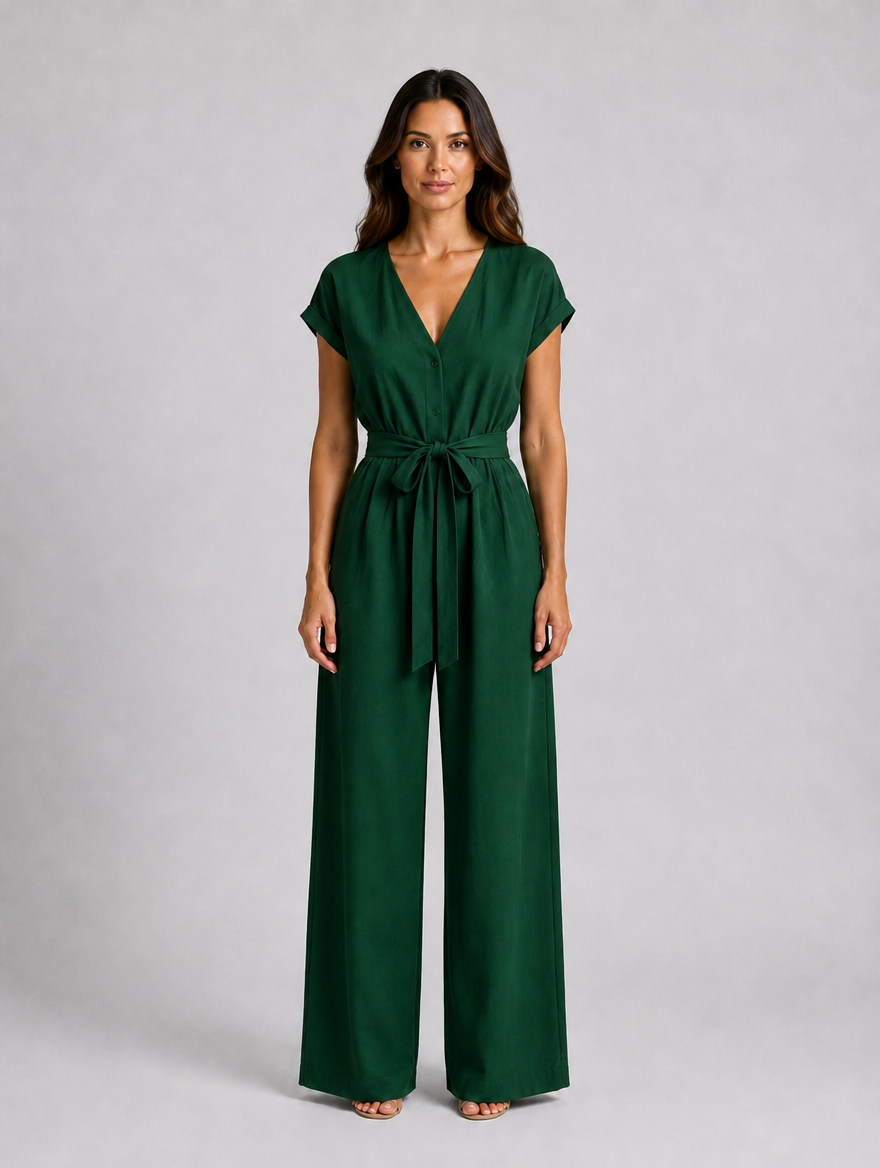 Women's Relaxed Wide Leg Jumpsuit – Tie Waist Summer Style — Green