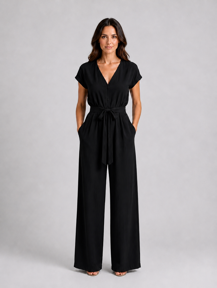 Women's Relaxed Wide Leg Jumpsuit – Tie Waist Summer Style — Black