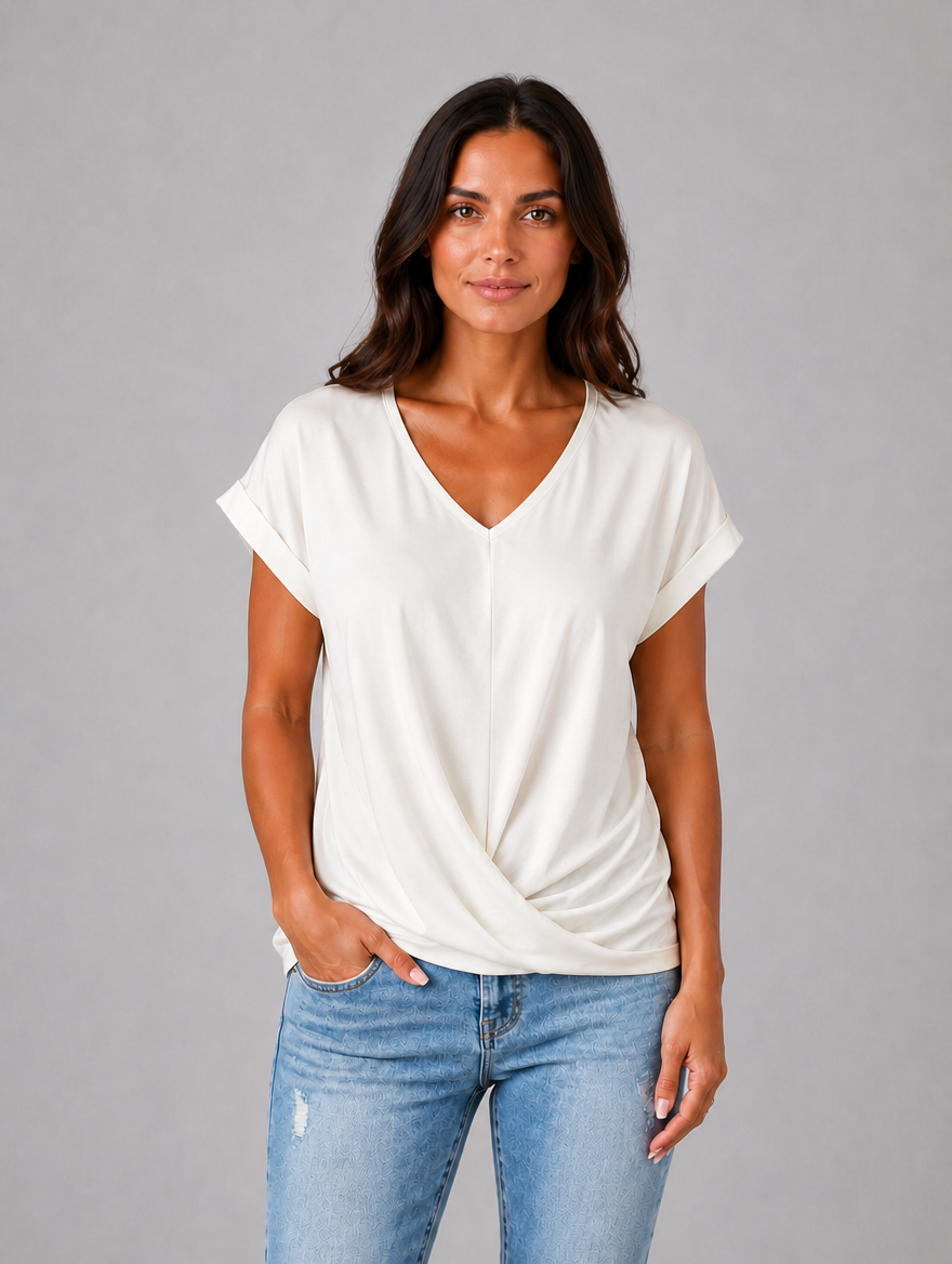 Women's V-Neck Draped T-Shirt – Relaxed Short Sleeve Top — White
