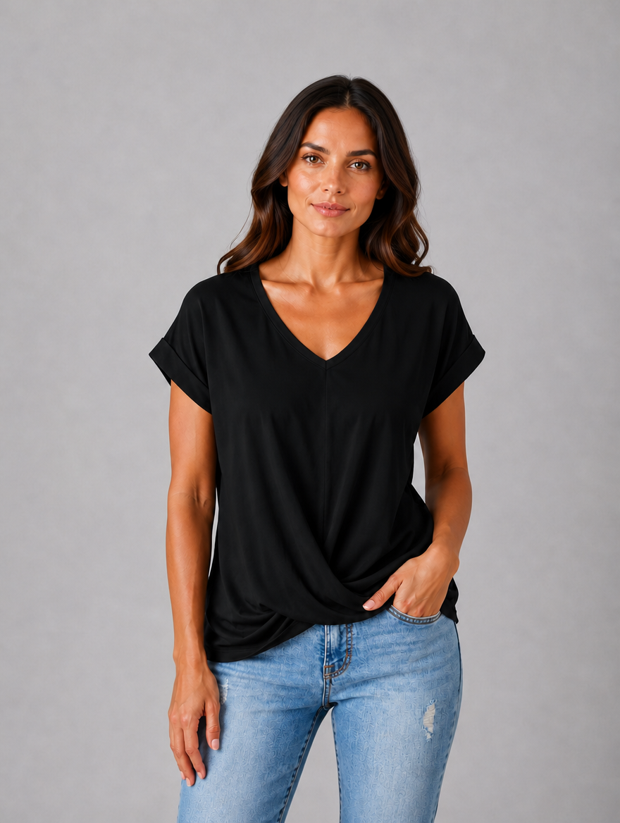 Women's V-Neck Draped T-Shirt – Relaxed Short Sleeve Top — Black