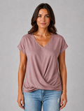 Women's V-Neck Draped T-Shirt – Relaxed Short Sleeve Top — Pink