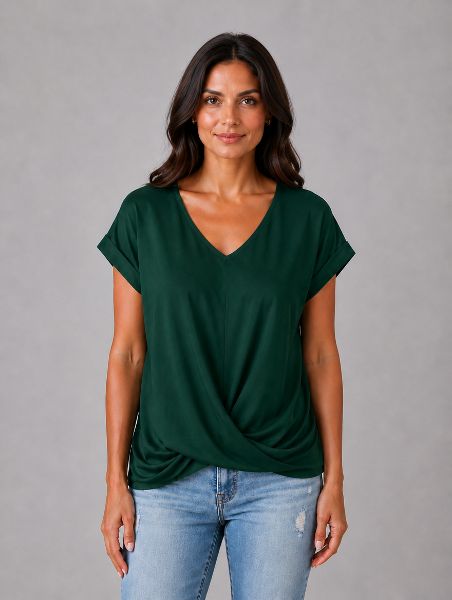 Women's V-Neck Draped T-Shirt – Relaxed Short Sleeve Top — Dark Green