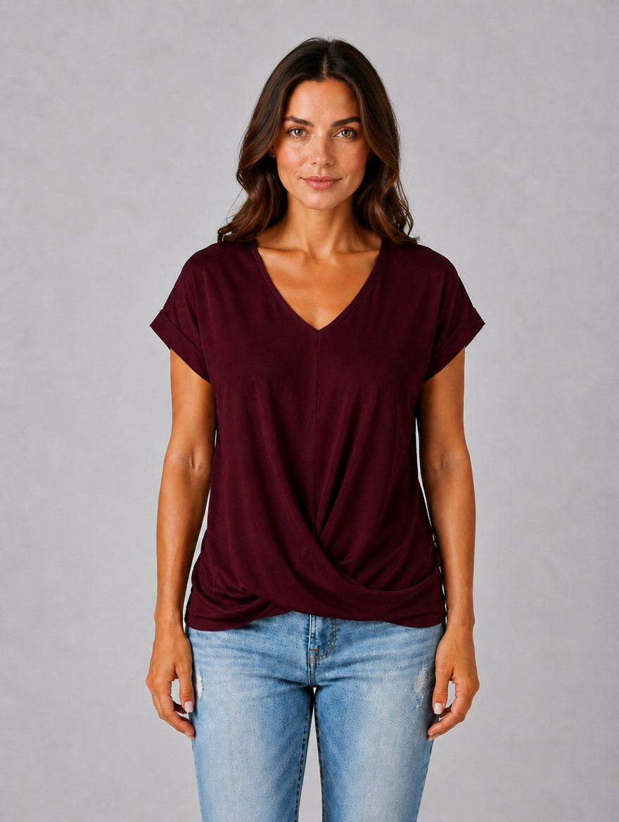 Women's V-Neck Draped T-Shirt – Relaxed Short Sleeve Top — Burgundy
