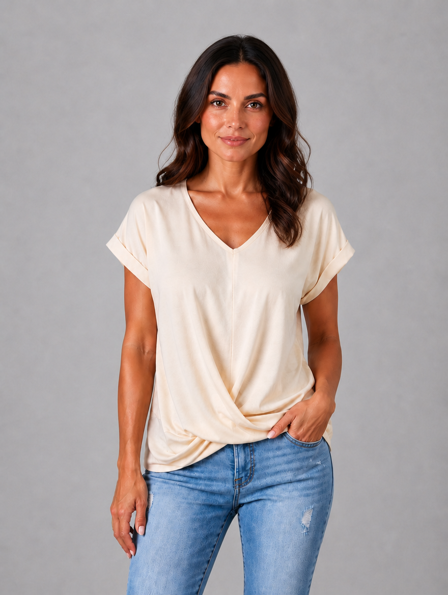 Women's V-Neck Draped T-Shirt – Relaxed Short Sleeve Top — Beige