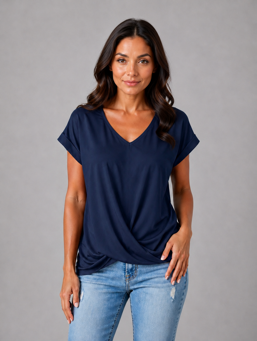 Women's V-Neck Draped T-Shirt – Relaxed Short Sleeve Top — Navy