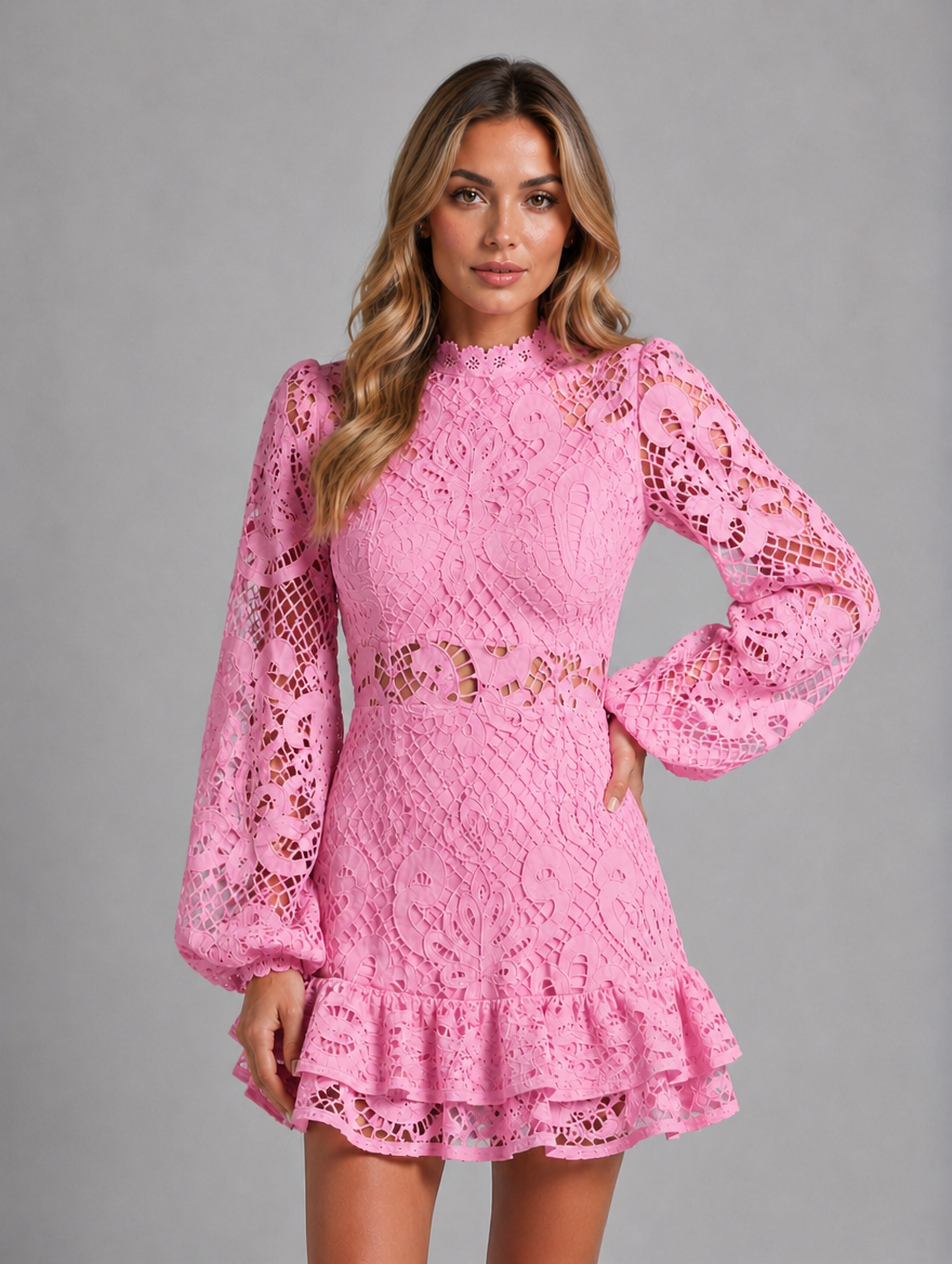 Women's Long Sleeve Lace Mini Dress — Pink