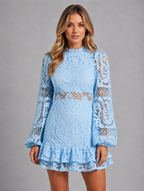 Women's Long Sleeve Lace Mini Dress — Light Blue