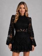 Women's Long Sleeve Lace Mini Dress — Black