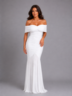 Women's Off-Shoulder Ruched Bodycon Maxi Dress – Sculpted Fit — White