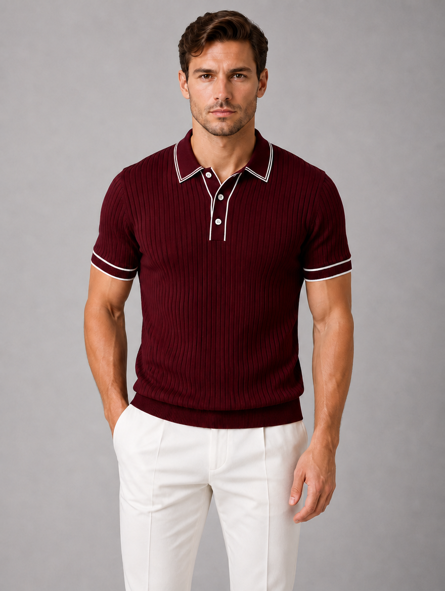 Men's Ribbed Knit Polo Shirt — Wine Red
