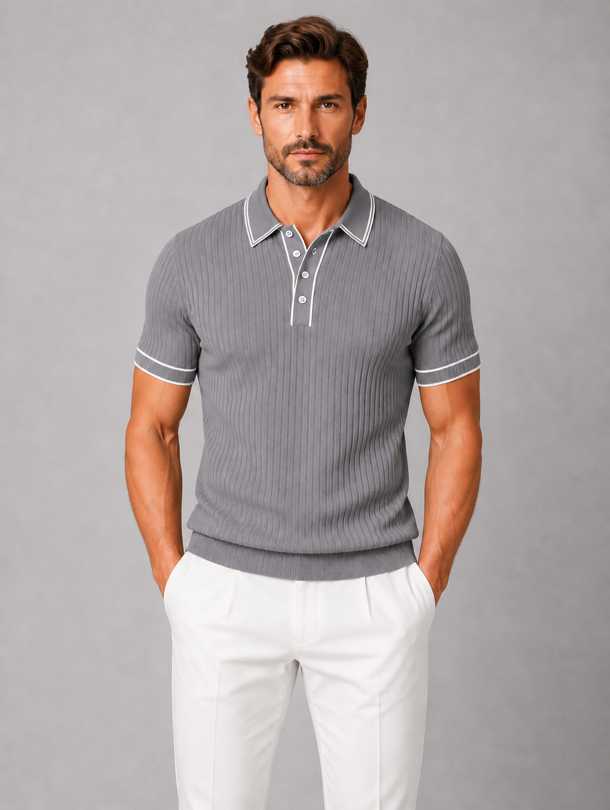Men's Ribbed Knit Polo Shirt — Grey