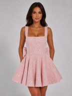 Women's Sparkly Sequin Bow Mini Dress – Cocktail Party Occasion — Pink