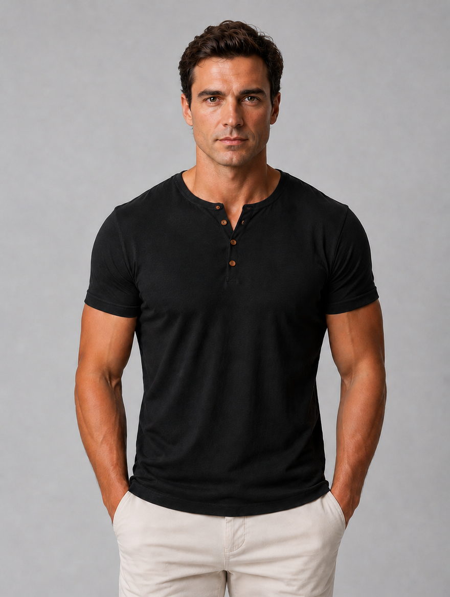 Men's Slim Fit Henley T-Shirt – Casual Button Neck — Black
