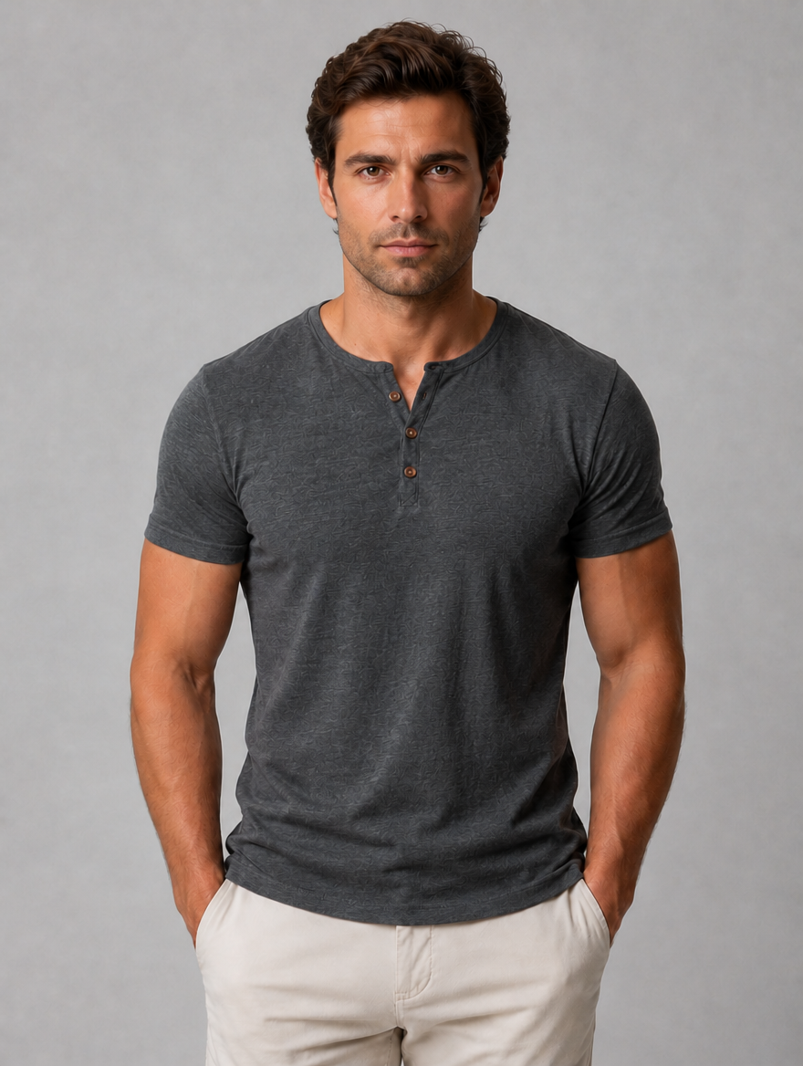 Men's Slim Fit Henley T-Shirt – Casual Button Neck — Grey