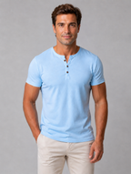 Men's Slim Fit Henley T-Shirt – Casual Button Neck — Light Blue