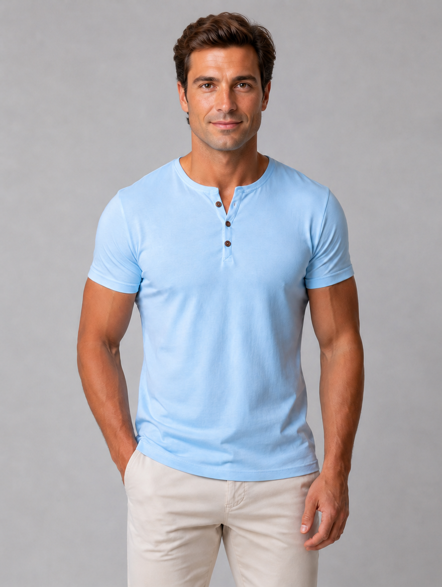 Men's Slim Fit Henley T-Shirt – Casual Button Neck — Light Blue