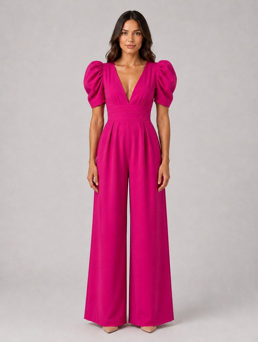 Women's Puff Sleeve Wide Leg Jumpsuit – Tailored Formal Style — Rose Red