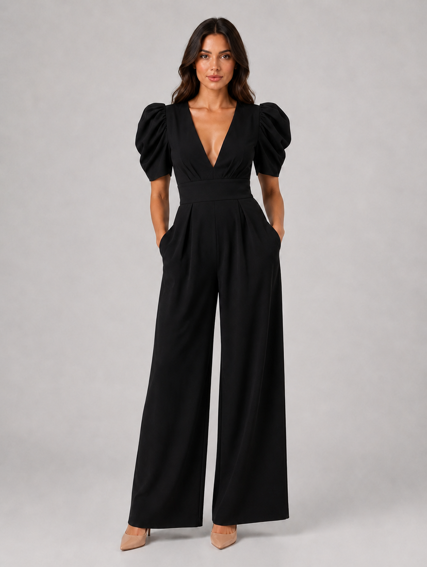 Women's Puff Sleeve Wide Leg Jumpsuit – Tailored Formal Style — Black