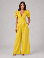 Women's Puff Sleeve Wide Leg Jumpsuit – Tailored Formal Style — Yellow