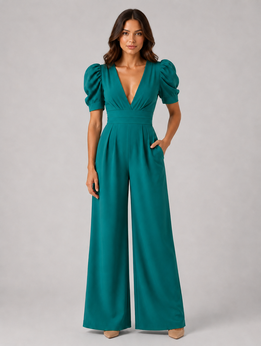 Women's Puff Sleeve Wide Leg Jumpsuit – Tailored Formal Style — Teal