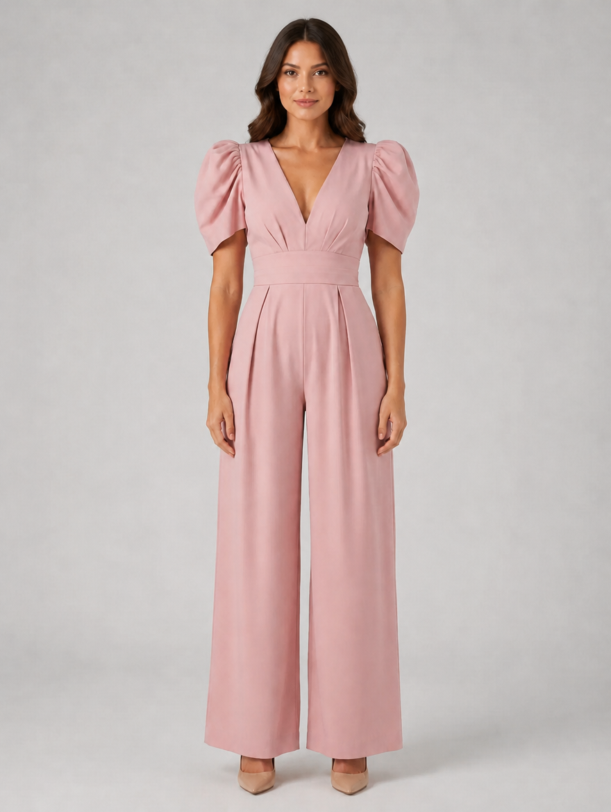 Women's Puff Sleeve Wide Leg Jumpsuit – Tailored Formal Style — Dusty Pink