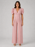 Women's Puff Sleeve Wide Leg Jumpsuit – Tailored Formal Style — Dusty Pink