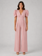 Women's Puff Sleeve Wide Leg Jumpsuit – Tailored Formal Style — Dusty Pink