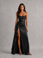 Women's Draped Satin Feel Maxi Dress – Ruched Waist Evening Gown — Black