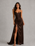 Women's Draped Satin Feel Maxi Dress – Ruched Waist Evening Gown — Brown