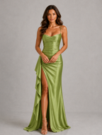 Women's Draped Satin Feel Maxi Dress – Ruched Waist Evening Gown — Green