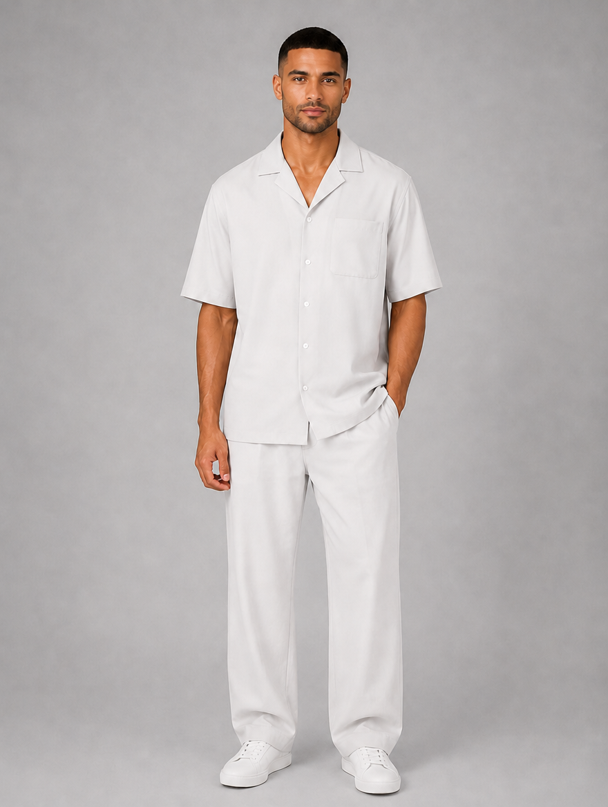 Men's Relaxed Summer Co-Ord Set – Short Sleeve Shirt & Drawstring Trousers — Ivory